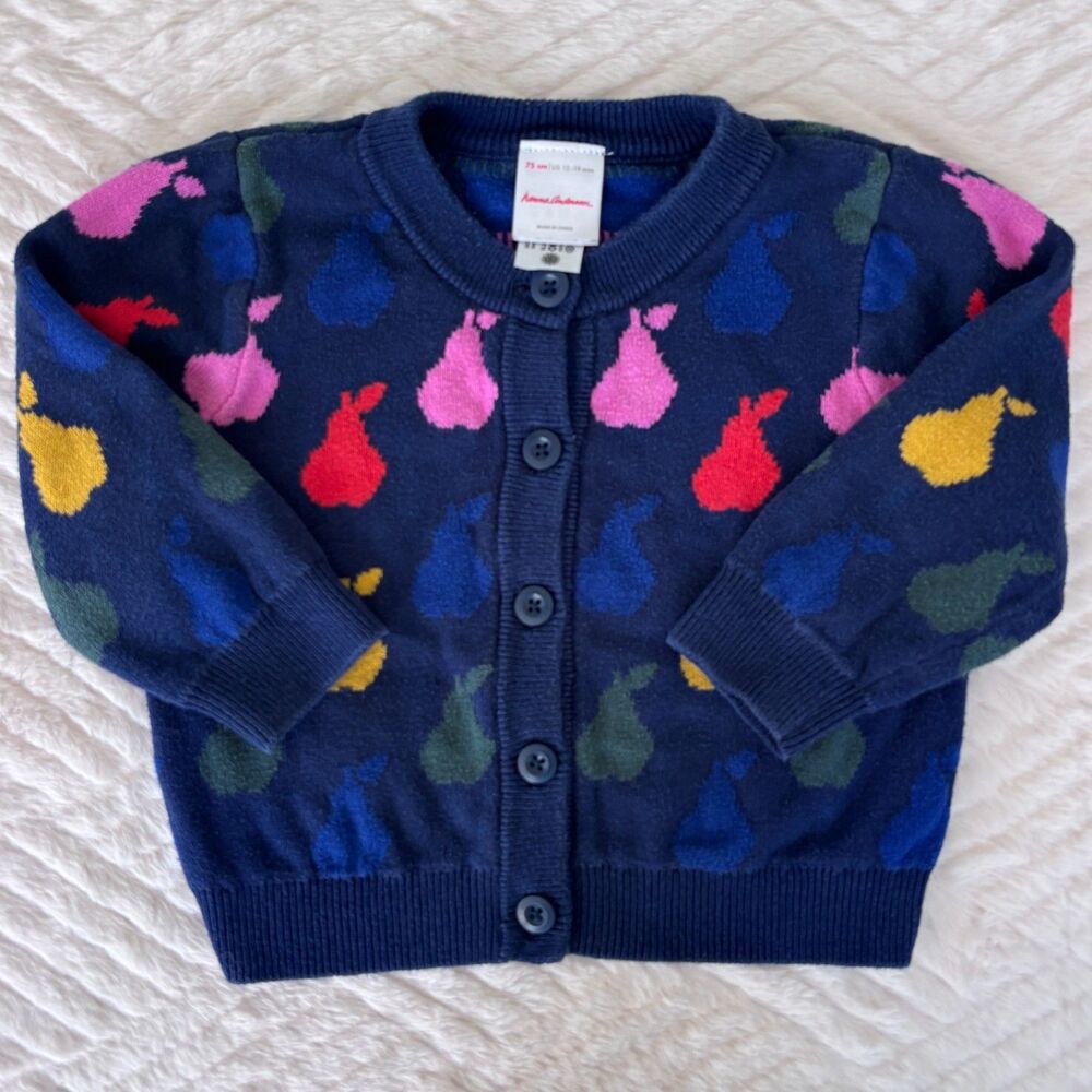 Hanna Andersson Baby 12-18M 75cm Navy Pear Print Cotton Cardigan Sweater Knit